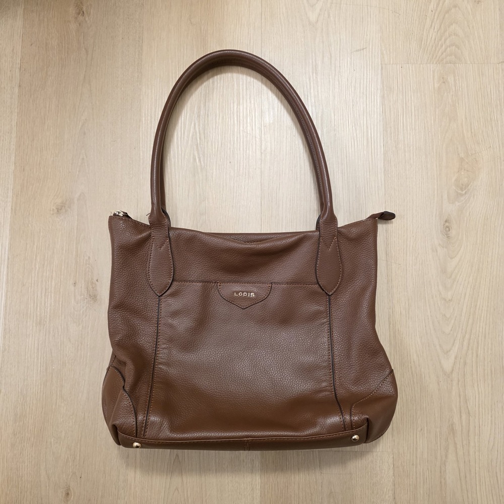 Lodis Brown Pebbled Leather Tote Bag Zip Top Work Office Shoulder Purse Bag